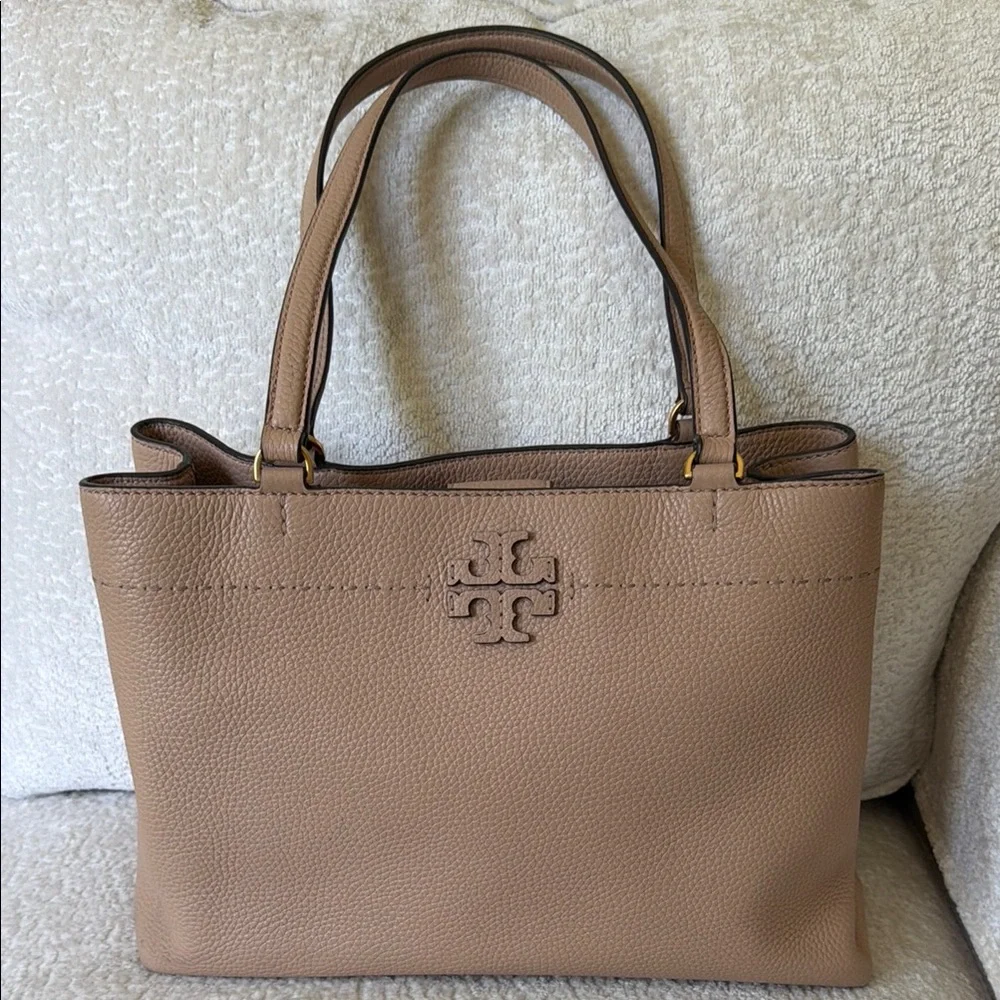 Tory Burch Beige/Tan Pebbled Leather Tote with Logo